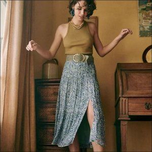 Sezane Tammie Floral Midi Skirt Tiered Slit Sunflower Blue Elastic Waist Size 42